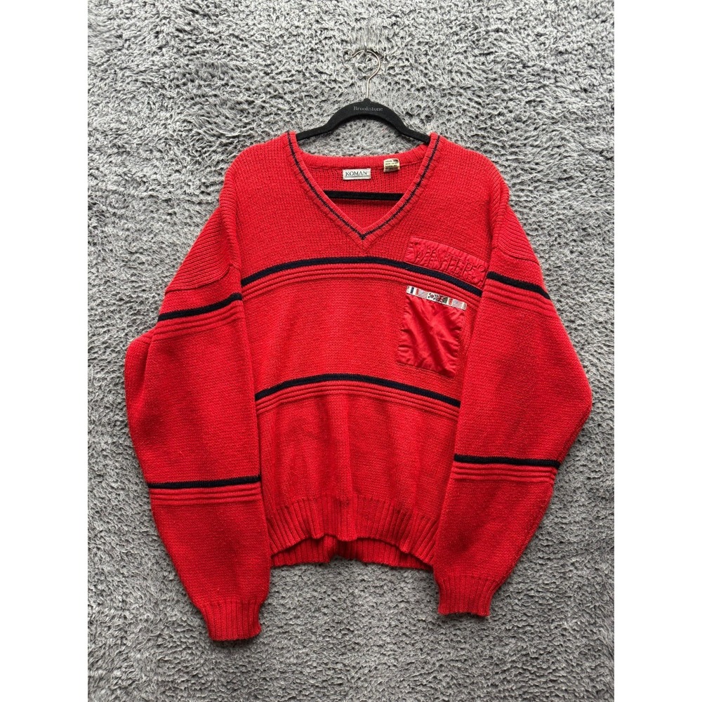 Vintage Koman Striped V-Neck Knitted  Pullover‎ Sweater Red Womens Size L